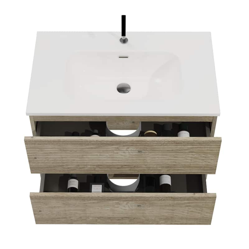 30" Wall-Mounted Bathroom Vanity with Integrated Ceramic Sink & Overflow, Large Storage Floating Cabinet