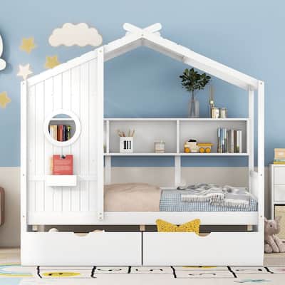 Wooden Twin Size House Bed with 2 Drawers,Kids Bed with Storage Shelf