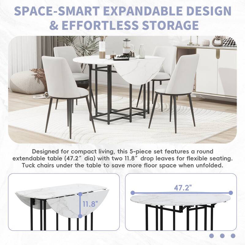 5-Piece Extendable Kitchen Dining Table Set- Round Faux Marble Top, 4 Upholstered Chairs, Compact Foldable Design