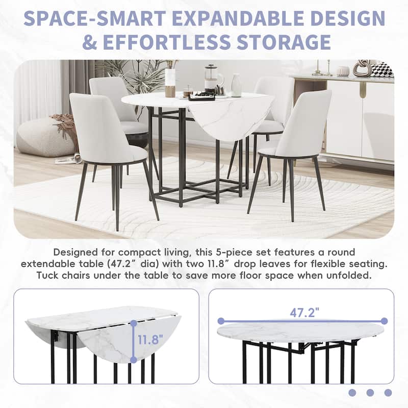 Modern Drop-Leaf 5-Piece Dining Set with Faux Marble Tabletop and Gold Metal Frame for Small Spaces