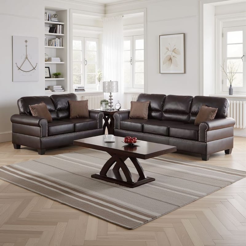 2 Pc Sofa and Loveseat Set, Espresso Brown Faux Leather, Nailhead Trim
