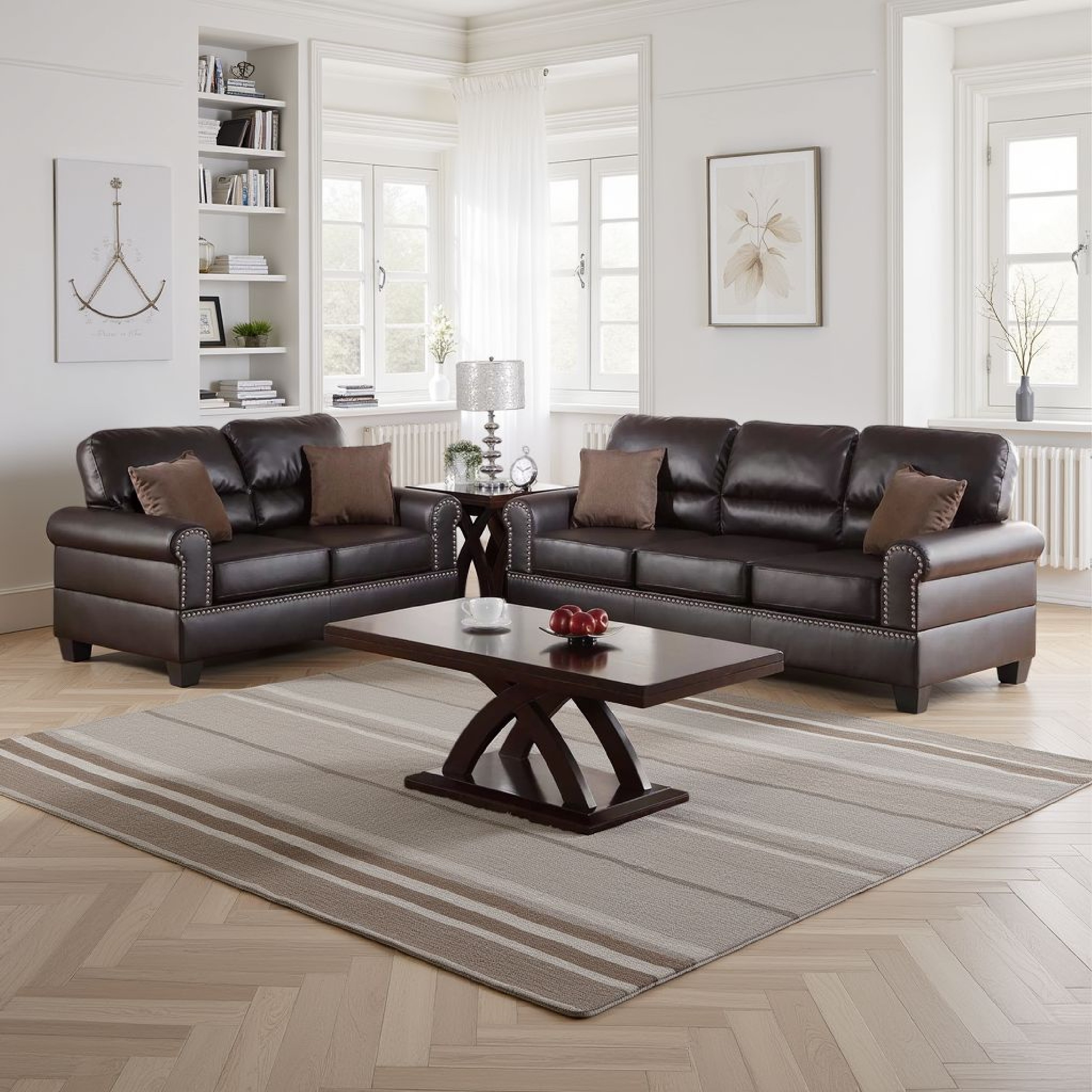 Benjara 2 Pc Sofa and Loveseat Set, Espresso Brown Faux Leather