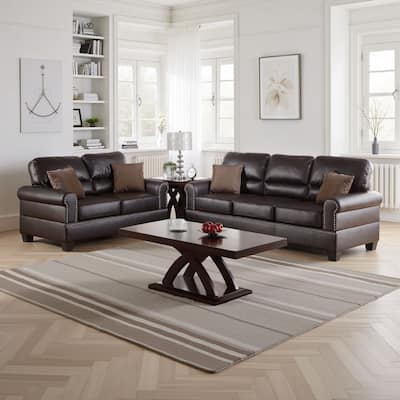 Bonded Leather 2 Pieces Sofa Set With Pillows In Brown
