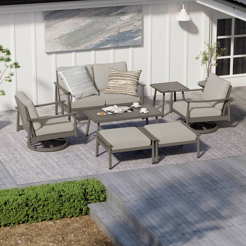 7-Piece Aluminum Patio Conversation Set, Loveseat with Ottomans, 2 Swivel Armchairs and Coffee Table