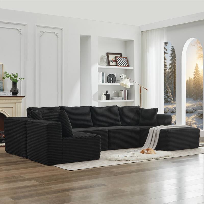 Modular Sectional Sofa with L-Shape Chaise, Oversized Corduroy Upholstered Cloud Sofa, Deep Seat Sofa with 2 Throw Pillows