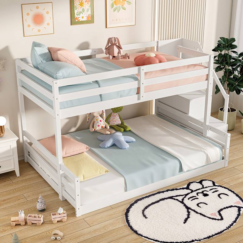 Gymax Twin Over Full Low Bunk Bed w/ Storage Stairs w/ Full-length - White - Twin