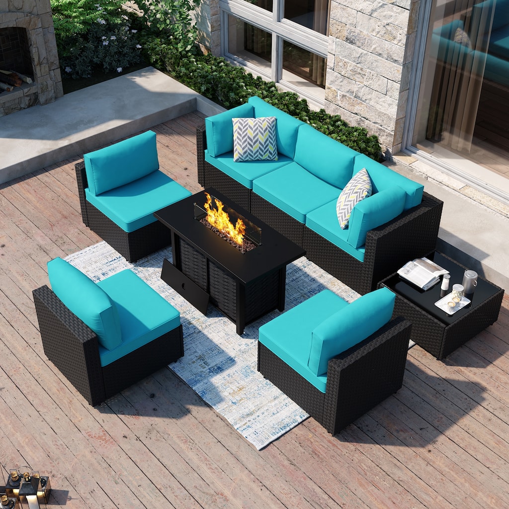 8-Piece Outdoor Patio Wicker Conversation Set with Fire Pit Table, Sectional Sofa & Cushions - N/A