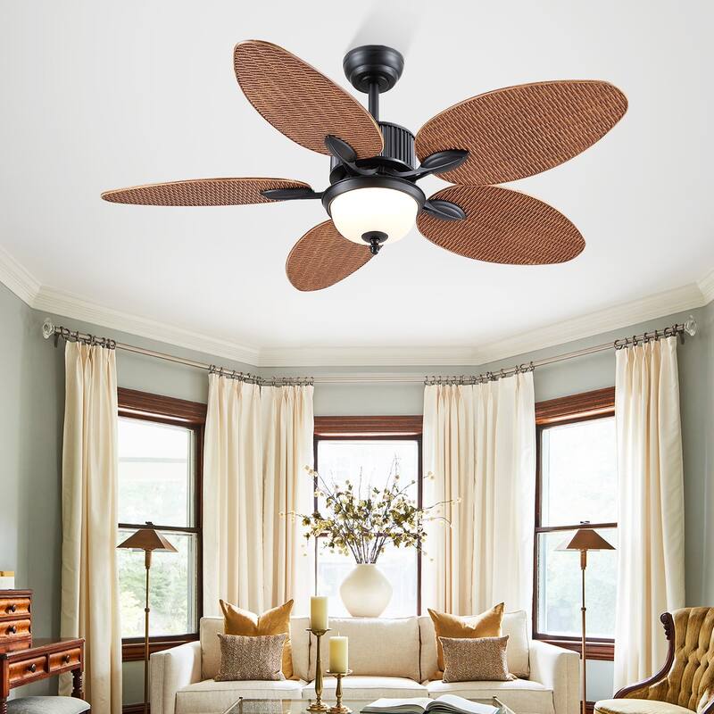 50 Inch Tropical Ceiling Fan with Palm Leaf Blades Glass Cover Remote Control Waterproof for Farmhouse Indoor and Outdoor Patio