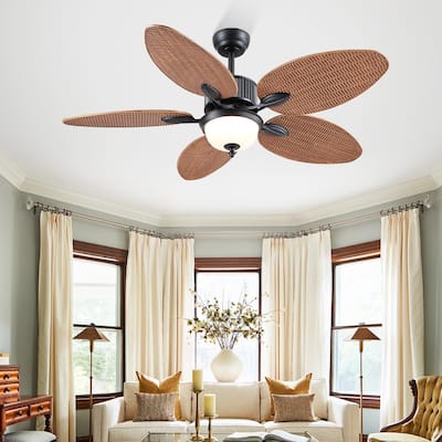 50 Inch Tropical Ceiling Fan with Palm Leaf Blades Glass Cover Remote Control Waterproof for Farmhouse Indoor and Outdoor Patio