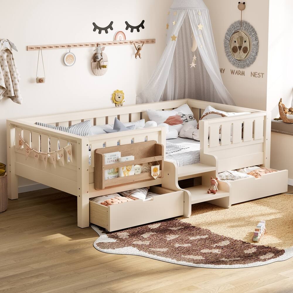 Full/Twin Loft Bed with Storage Drawers, Safety Staircase & Rails