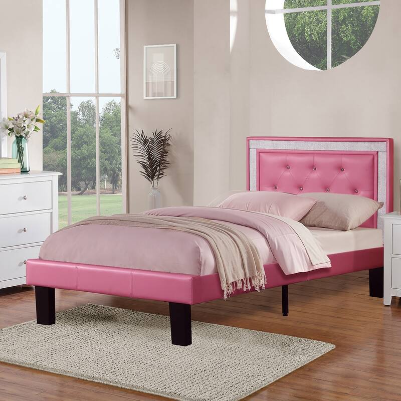 Pink Faux Leather Full Size Bed with Tufted Diamond Headboard & Wooden Legs - Modern Bedroom Furniture