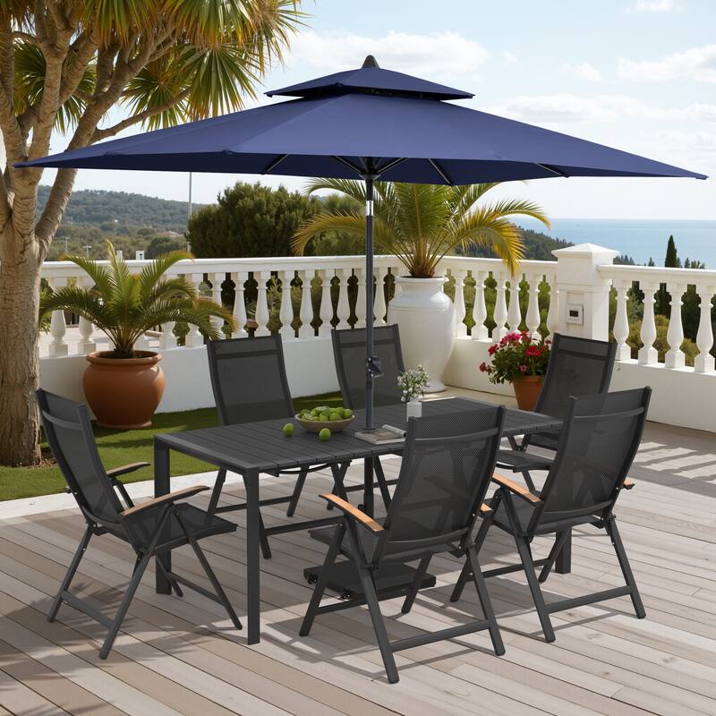 9/11-Piece Outdoor Patio Dining Set Aluminum Dining Table and Chairs w/10 ft Market Umbrella and Base with Wheels