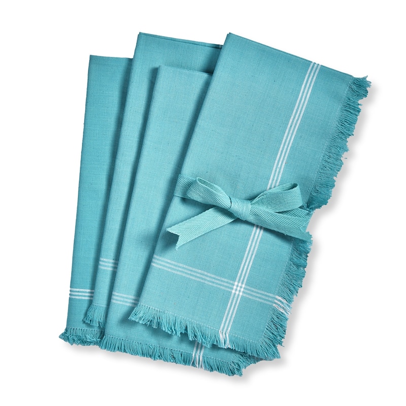 Solid Turquoise with White Border Stripe Cotton Machine Washable Napkin Set of 4 - Blue - 20 x 20