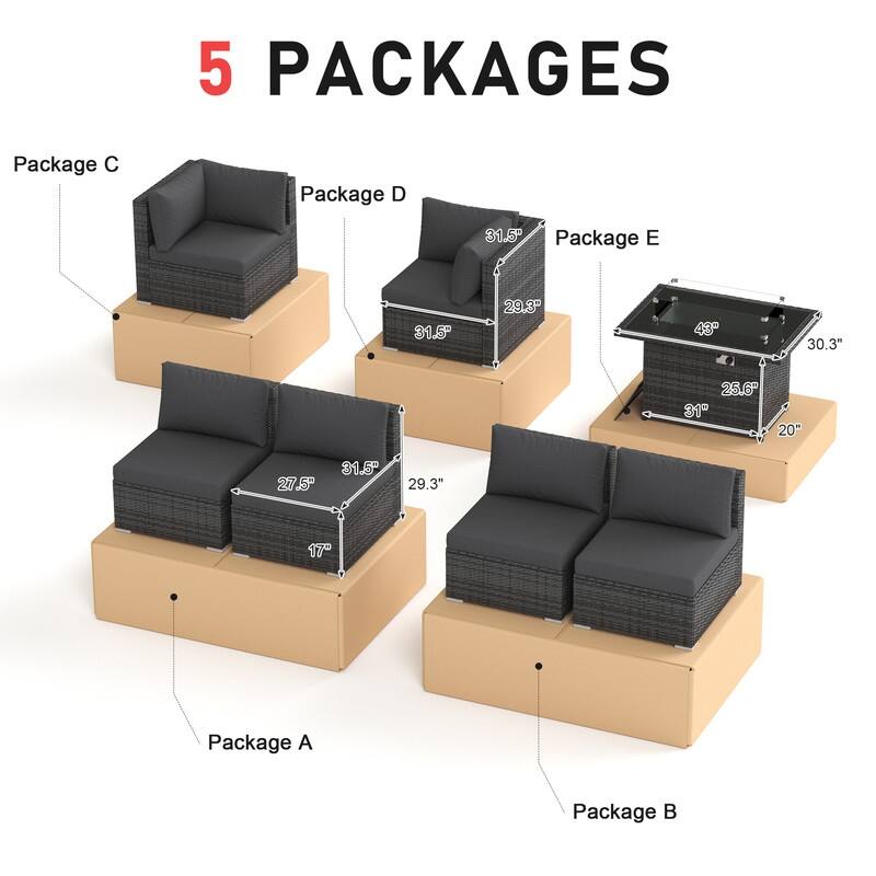 7 Piece Outdoor Sectional Modular Wicker Patio Conversation Set with 43'' Fire Pit Table and Cushion