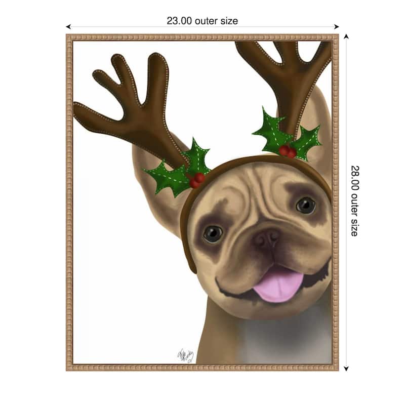 French Bulldog Antlers 2 by Fab Funky (23 x 28 in.), Framed Canvas Wall Art Print - Sylvie Beaded Rustic Natural