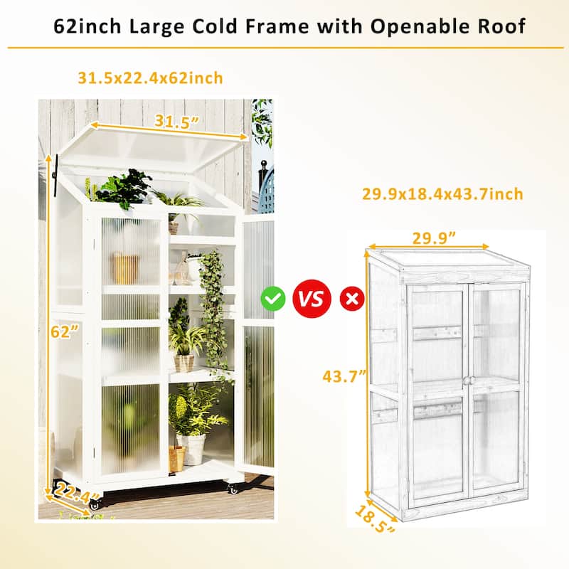 Roomfitters 62" Wood Greenhouse Cold Frame with Wheels and Adjustable Shelves for Indoor Outdoor Use