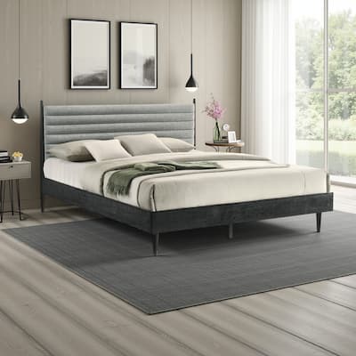 Mian King Platform Bed Frame, Channel Tufted, Black, Gray Upholstery