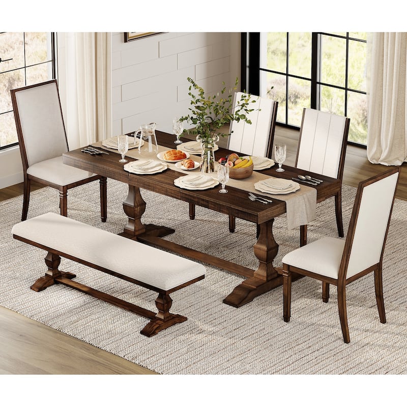 6-pieces Farmhouse Dining Table for 6, 74.8" Kitchen Table Set with 4 Chairs and Bench, Solid Wood Legs and Cushion Seat