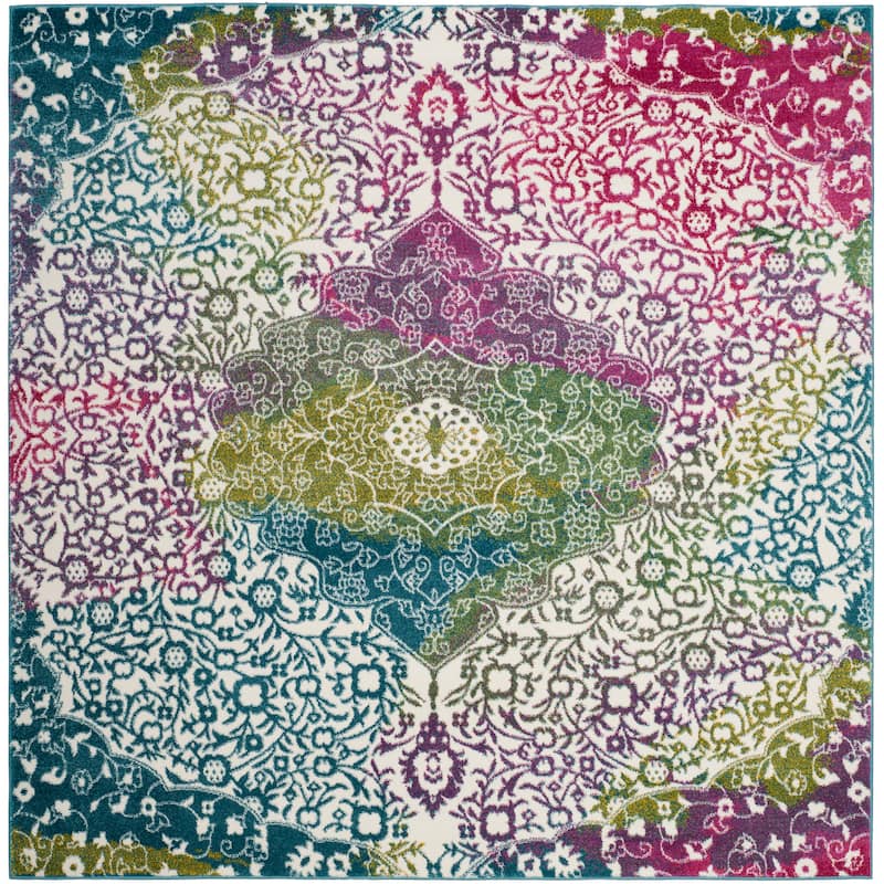 SAFAVIEH Watercolor Sierra Modern Abstract Medallion Rug - 6'7" Square - Ivory/Fuchsia
