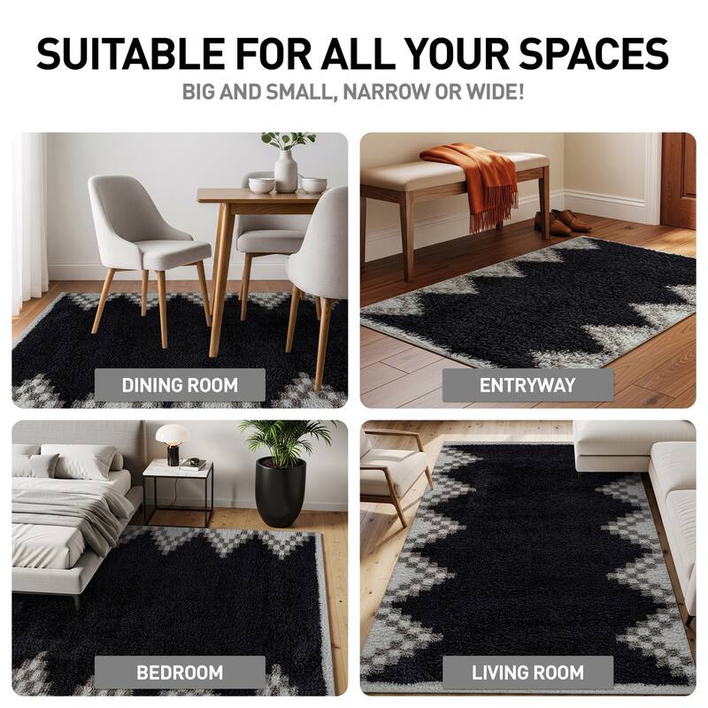Geometric Shag Rug - Soft & Stylish - Anthracite Dark Gray - Medium Pile, Easy to Clean