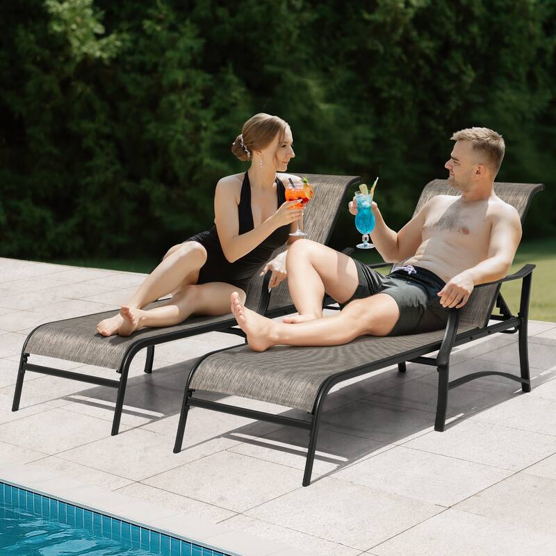 Outdoor Textilene Metal Lounge Chairs Set of 2, 5-Level Adjustable Backrest