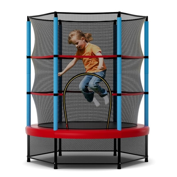 slide 2 of 10, Gymax 55'' Mini Trampoline for Kids w/ Safety Enclosure Net & Seamless Blue - Kids