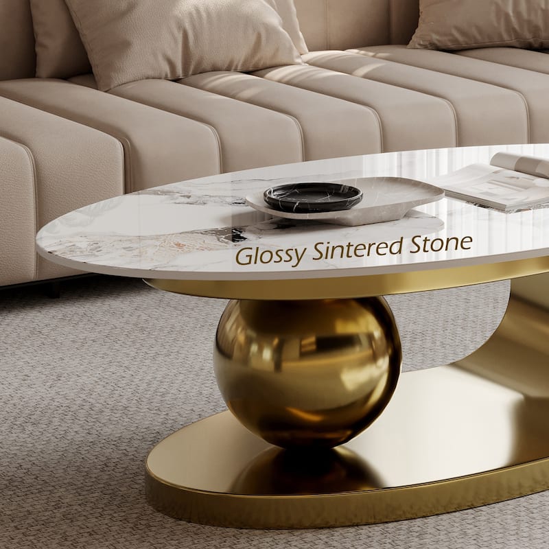 51" Modern Pandora Oval Coffee Table with Glossy Sintered stone top, Luxury Coffee Table, Stainless Steel Legs for Livingroom