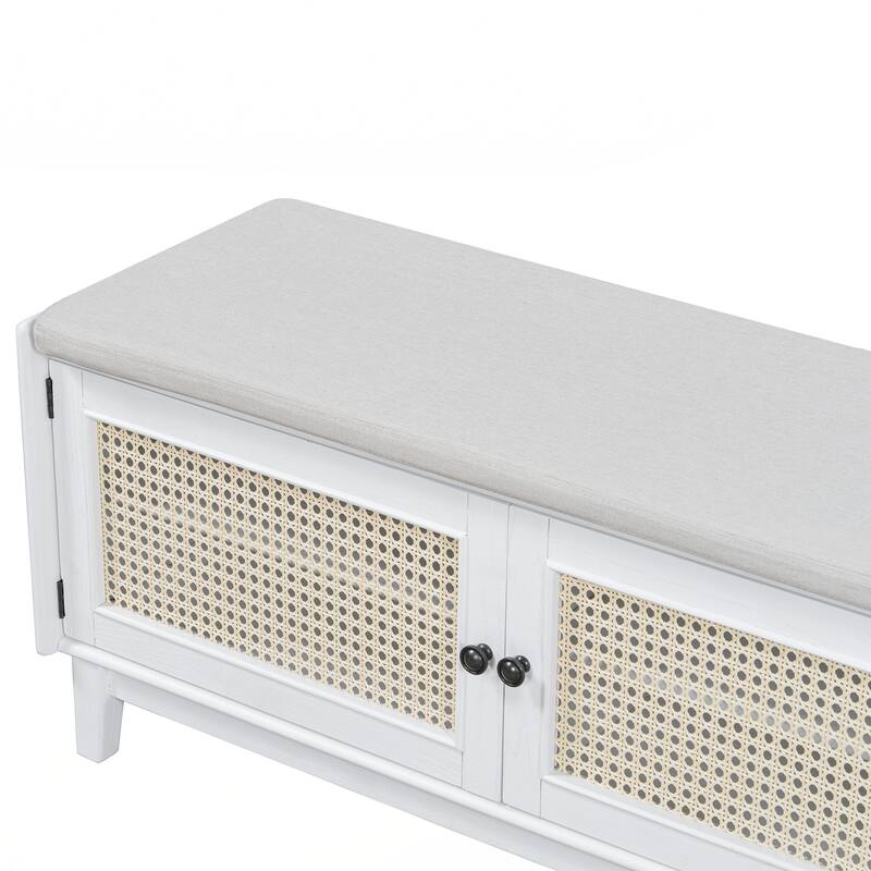 Rattan Entryway Bench with Storage, Cushioned Shoe Bench with Double Doors