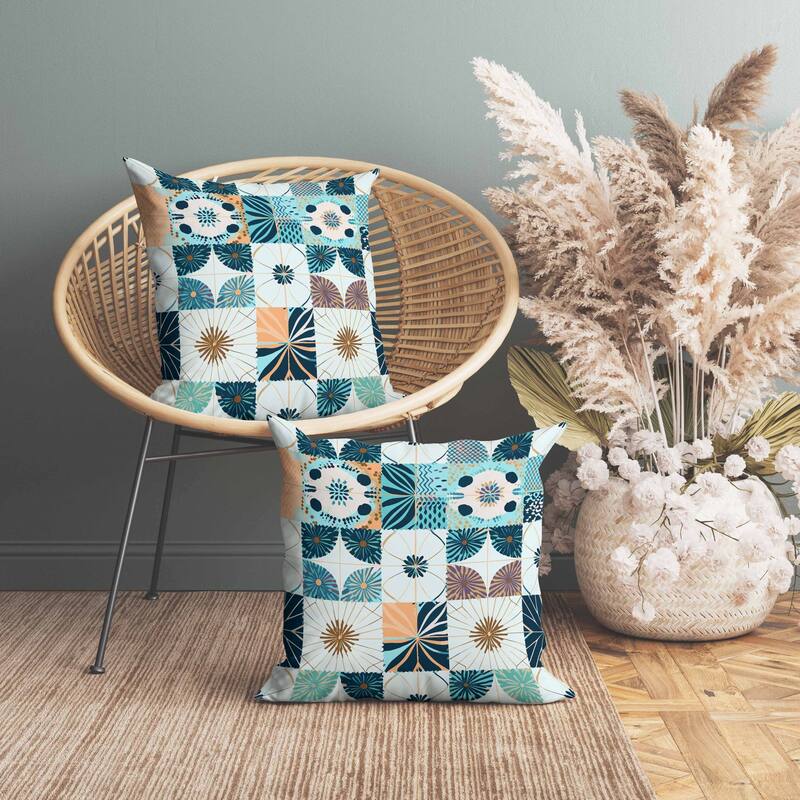 Zellige Dreamscapes Indoor/Outdoor Reversible Throw Pillow Blue and Peach