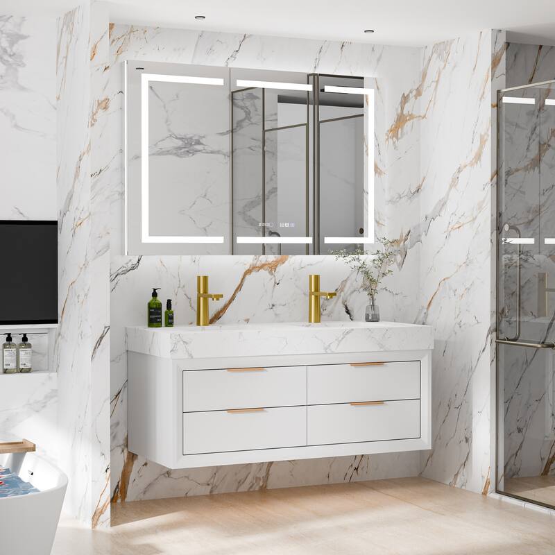 36/48/60 Modern Floating Bathroom Vanity with Sinle/Double Sink & Soft-Close Drawers & LED Lighting & Waterproof, White