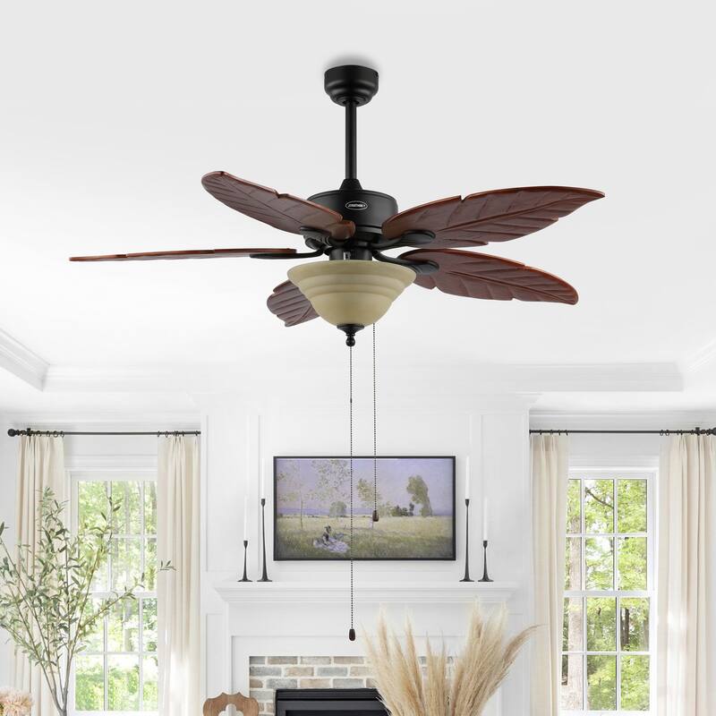 Owen 52" 3-Light Coastal Bohemian Iron/Wood Palm Leaf LED Ceiling Fan with Pull Chain, by JONATHAN Y