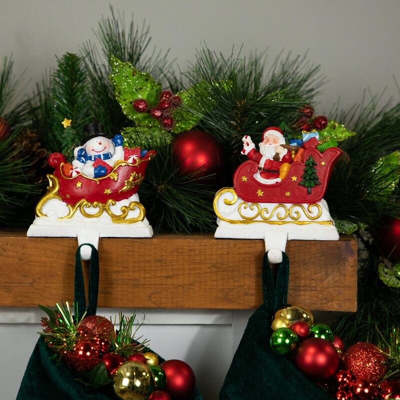 Santa and Snowman Sleigh Ride Christmas Stocking Holders - 4.25" - Set of 2 - 4"