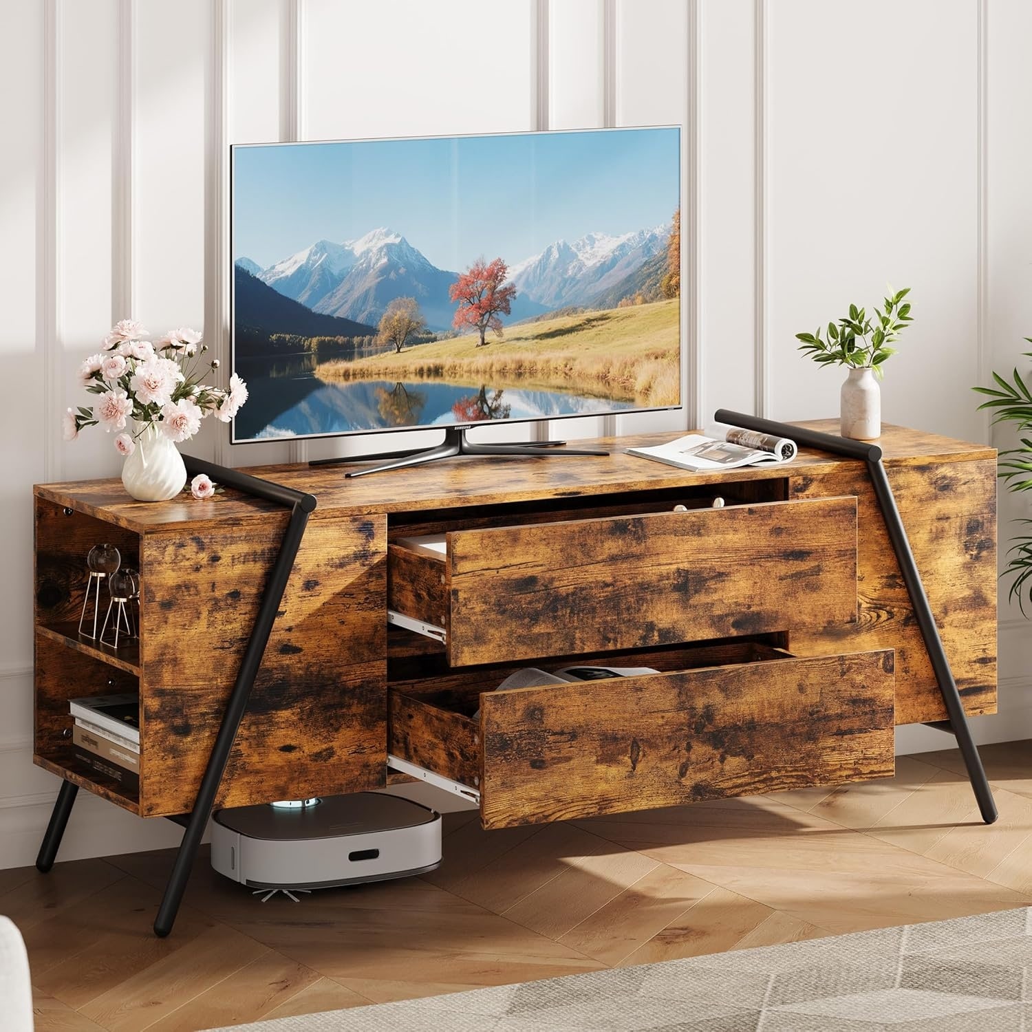 Modern TV Stand for Living Room, Farmhouse Entertainment Center with 2 Drawers, Adjustable Shelves