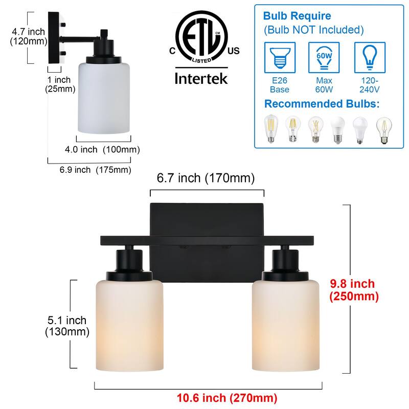 2-Light Bathroom Light Fixtures Brushed Brass 6-Light Bathroom Vanity Light, Bathroom Lights Over Mirror with Milky Glass Shade