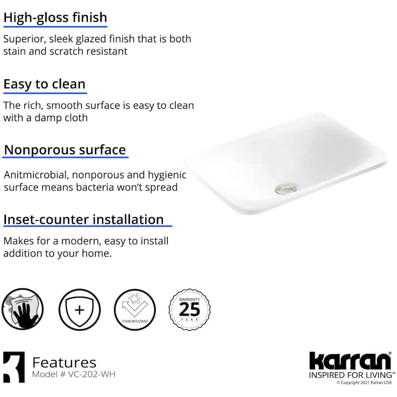 Karran USA VC-202 Valera 21-1/8" Rectangular Vitreous China Drop In