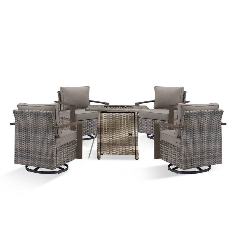 Pocassy 5 Pieces Outdoor All-Weather Chair with Fire Table Set
