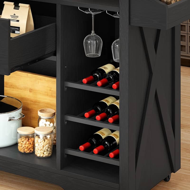 Moasis 47" Wide Mobile Kitchen Island Cart with Wine Storage Cabinet and Drawer&Power Outlet