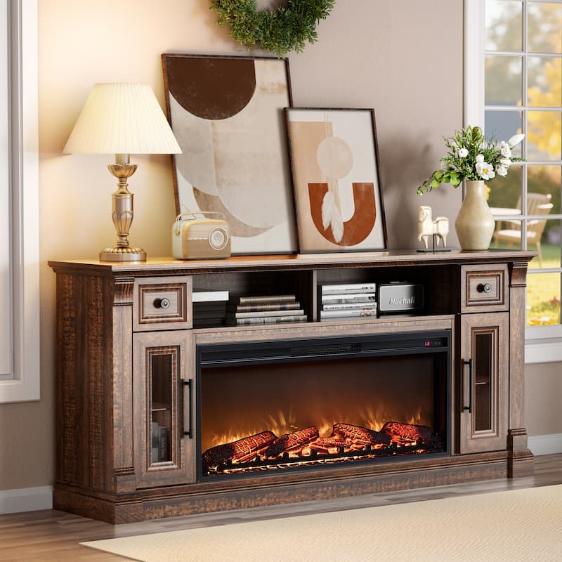 Fireplace TV Stand for 80" TV, Entertainment Center with LED Lights