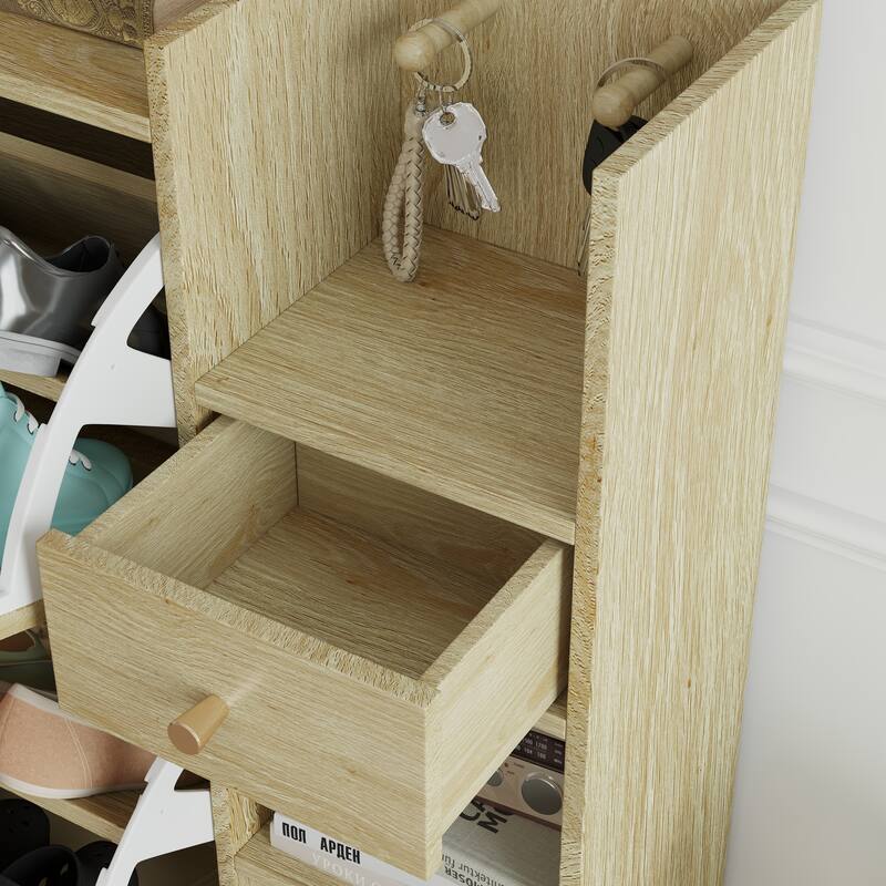 Freestanding Shoe Storage Cabinet, Narrow Hidden Shoe Rack with 3 Rattan Flip Drawers, 3 Square Shelves & 1 Storage Drawer