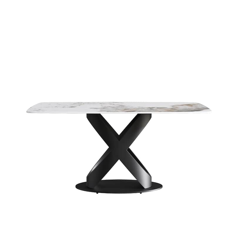 63"Antique White Sintered Stone Table with X Shape Legs
