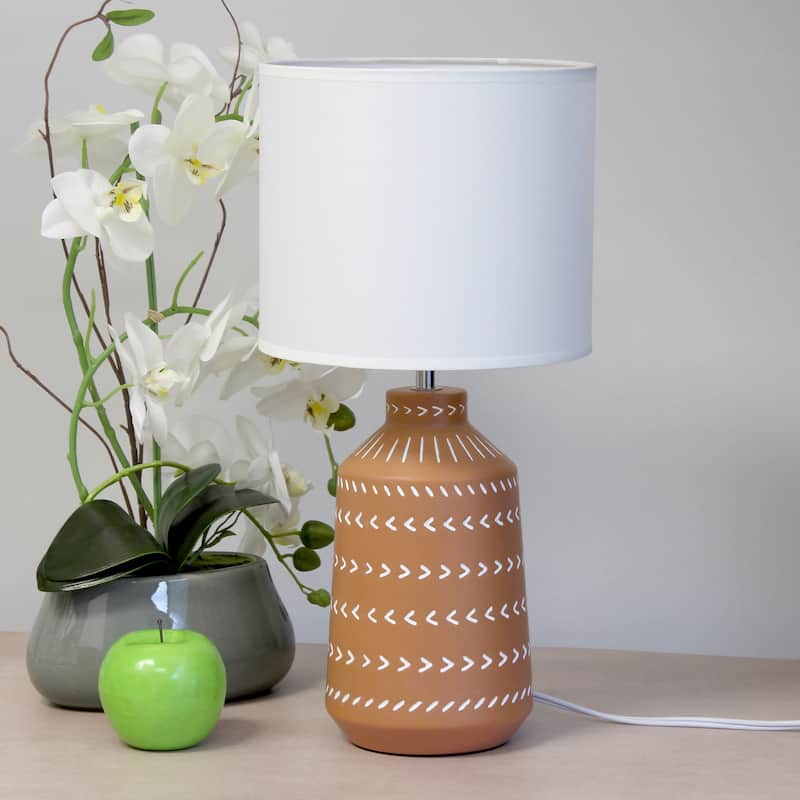 Tribal Style Ceramic Table Lamp with White Drum Shade - 17" - Terracotta Brown