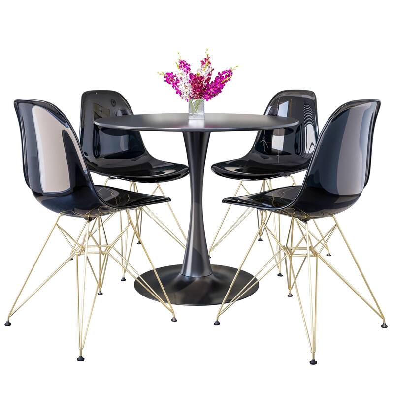 5-Piece Dining Set with 35" Round MDF Table and 4 ABS Plastic Side Chair with Gold Metal Legs - Transparent Black