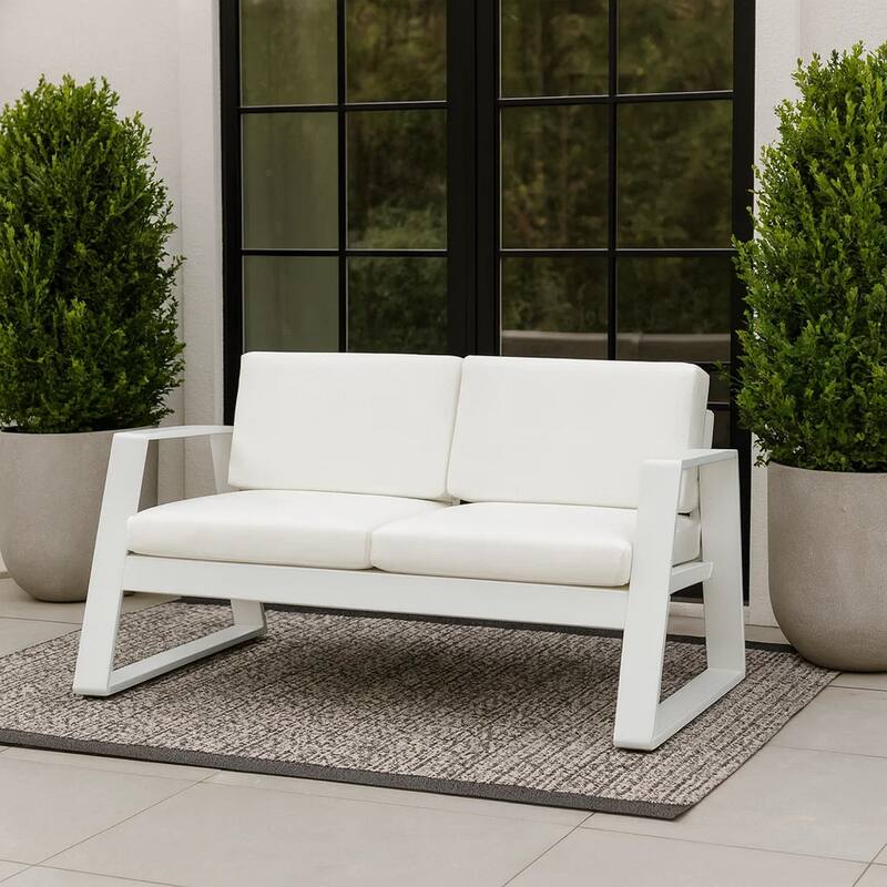 Xia 57 Inch Outdoor Sofa, White Aluminum, Fade Resistant Fabric Cushions