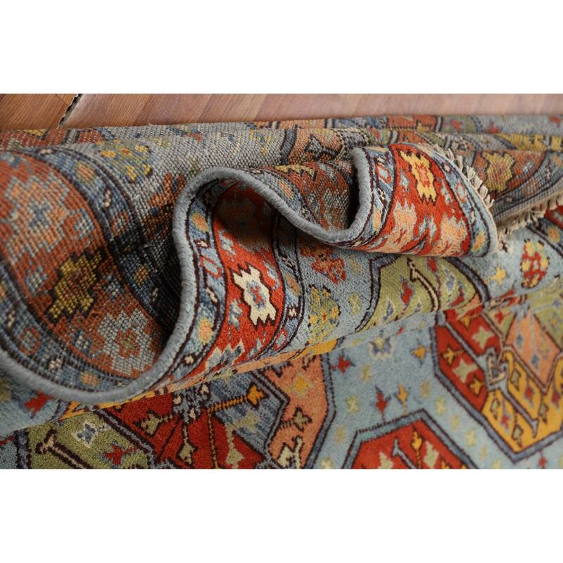 Geometric Blue Khotan Indian Area Rug Handmade Wool Carpet - 7'11"x 9'10"
