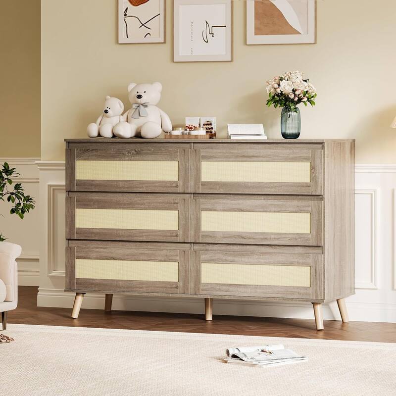 Boho 6 Drawers Wood Dressers TV Stand for Bedroom, Living Room, Hallway - Brown