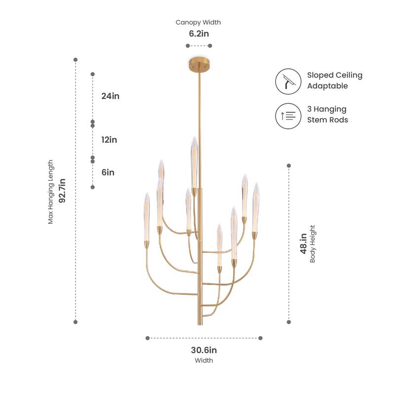 VidaLite Alina 9-Light Integrated LED Brass Chandelier, Rotatable Hanging Chandelier In Modern & Contemporary Style - 48" x 30"