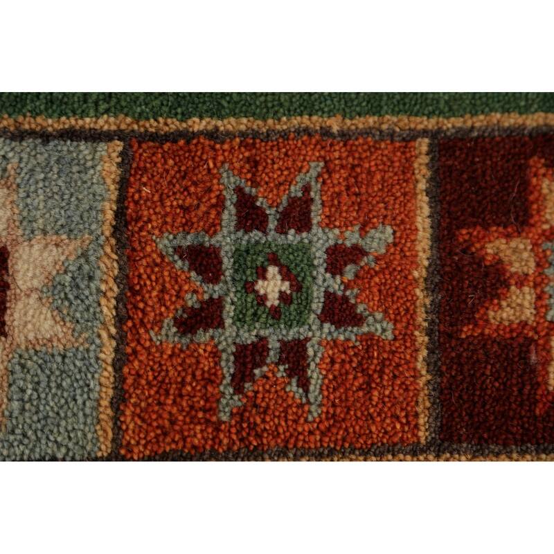 Tribal Green Kazak Indian Runner Rug Hand-Knotted Wool Carpet - 3'11"x 9'10"