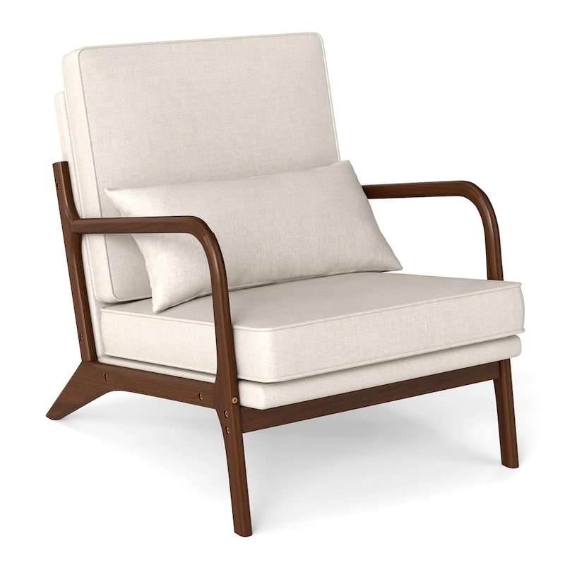 Modern Accent Chair Upholstered Armchair w/ Pillow & Wood Frame - Beige - 1-Piece