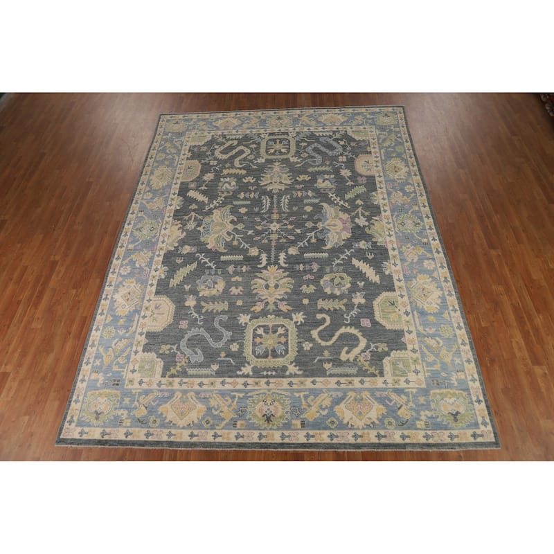 Vegetable Dye Floral Oushak Turkish Rug Hand-Knotted Grey Wool Carpet - 8'10" x 11'9"