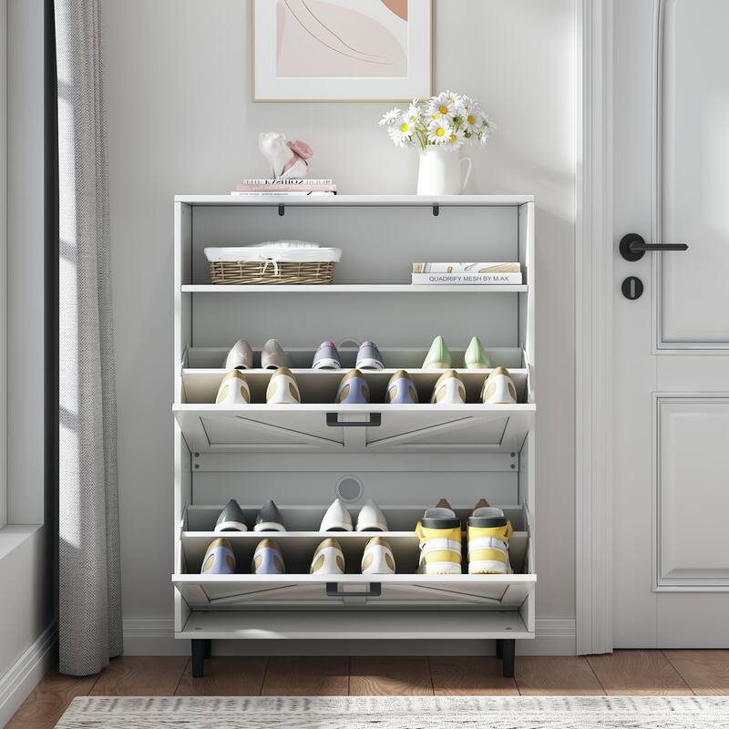 Farmhouse Shoe Storage Cabinet with Barn Door Design, Shoe Organizer with 2 Flip Drawers